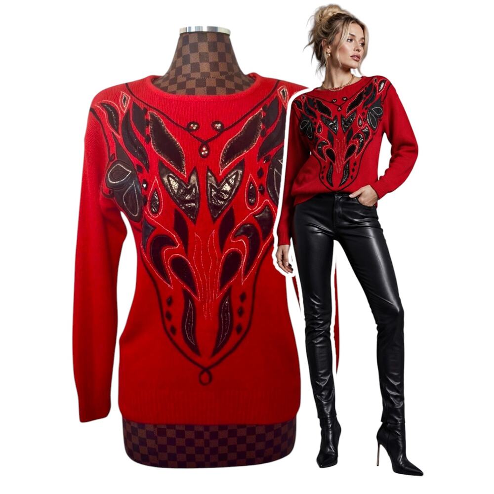 Vtg 80s Le Chois Red Abstract Sweater Size Small Silk Angora Blend Glam Retro